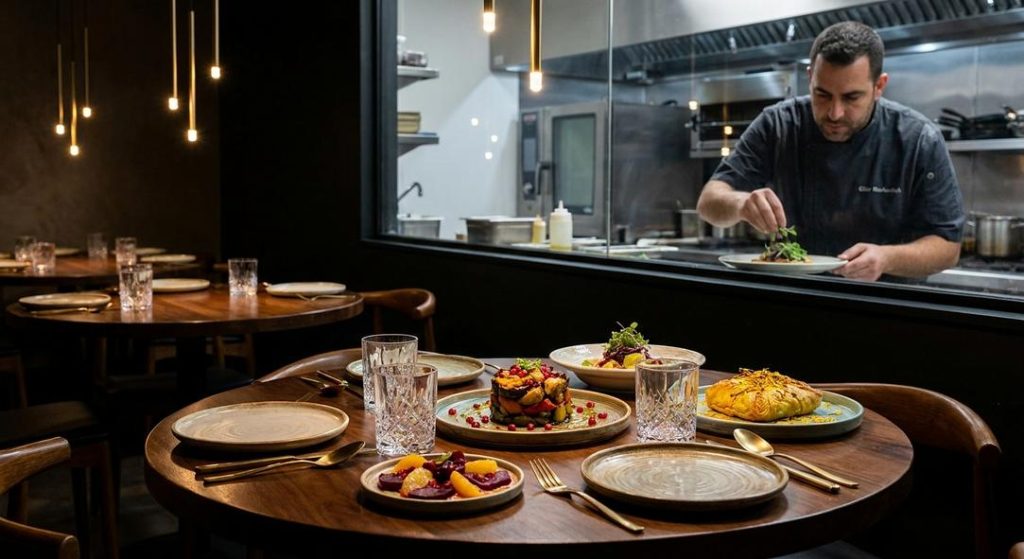 Chef plating gourmet dishes in modern restaurant kitchen
