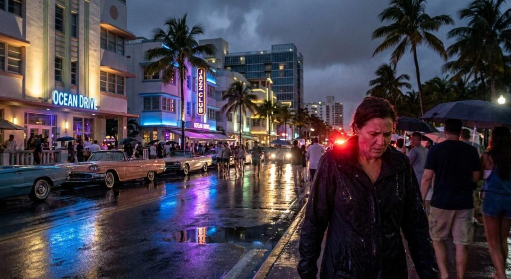 Rainy night on Ocean Drive with neon lights